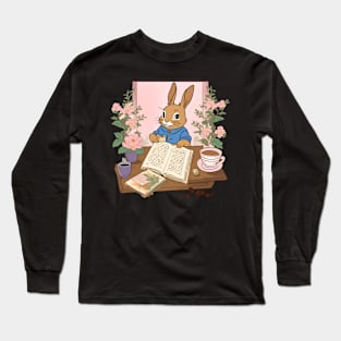 Rabbit Bunny with Books and Coffee Book Nerd Mom Booktok Long Sleeve T-Shirt